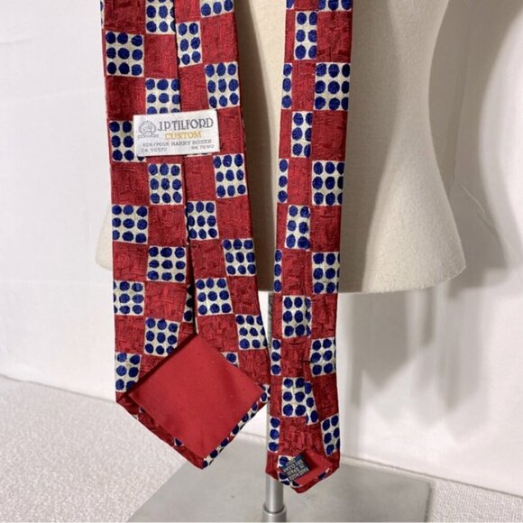 Vintage J.P. Tilford Henry Rosen Red White Blue Square Print 100% Silk Tie - Picture 4 of 11